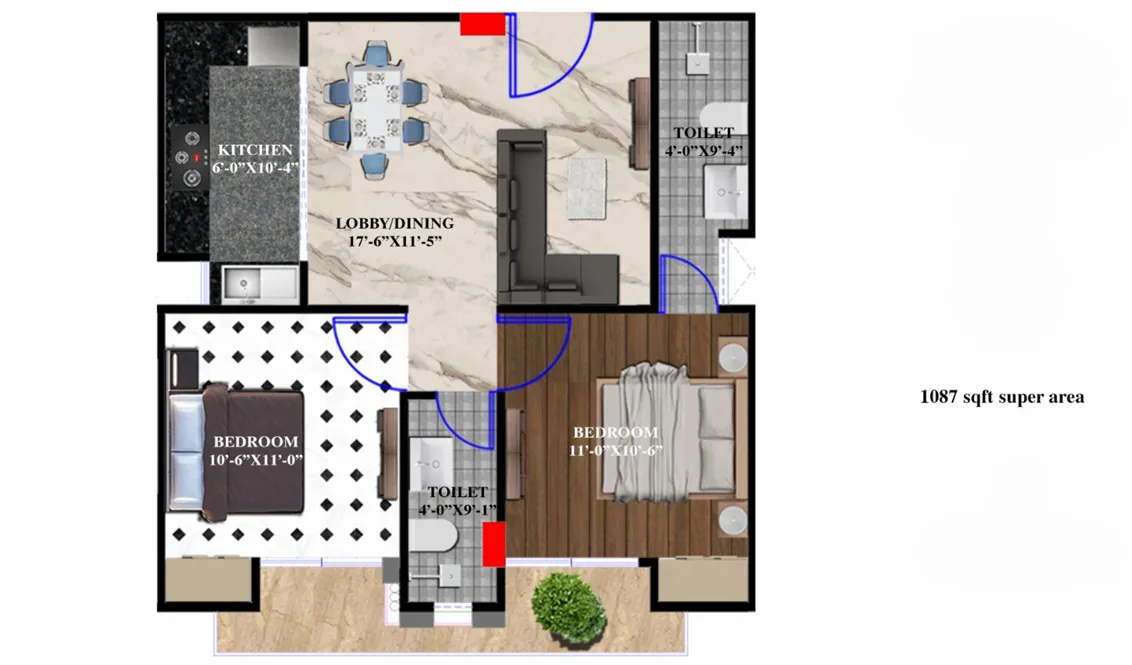 Ad Residency 2 BHK Apartment Floor Plan - 1087 SqFt with 2 toilets Ad Residency 2 BHK Apartment Floor Plan - 1087 SqFt with 2 toilets