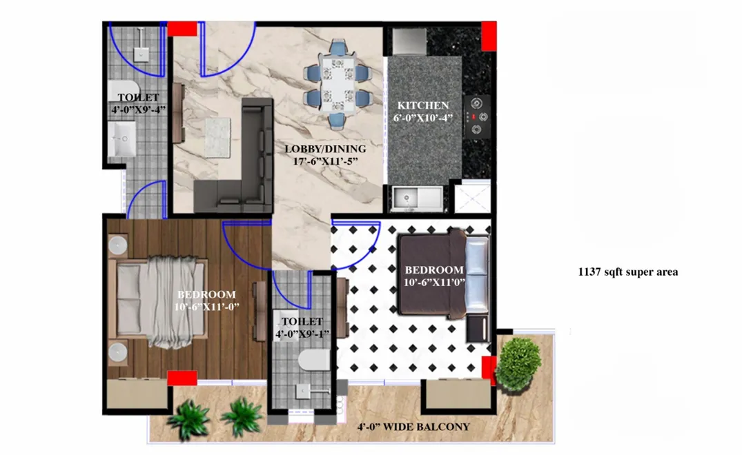Ad Residency 2 BHK Apartment Floor Plan - 1137 SqFt with 2 toilets Ad Residency 2 BHK Apartment Floor Plan - 1137 SqFt with 2 toilets