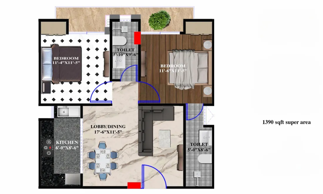 Ad Residency 2 BHK Apartment Floor Plan - 1390 SqFt with 2 toilets Ad Residency 2 BHK Apartment Floor Plan - 1390 SqFt with 2 toilets