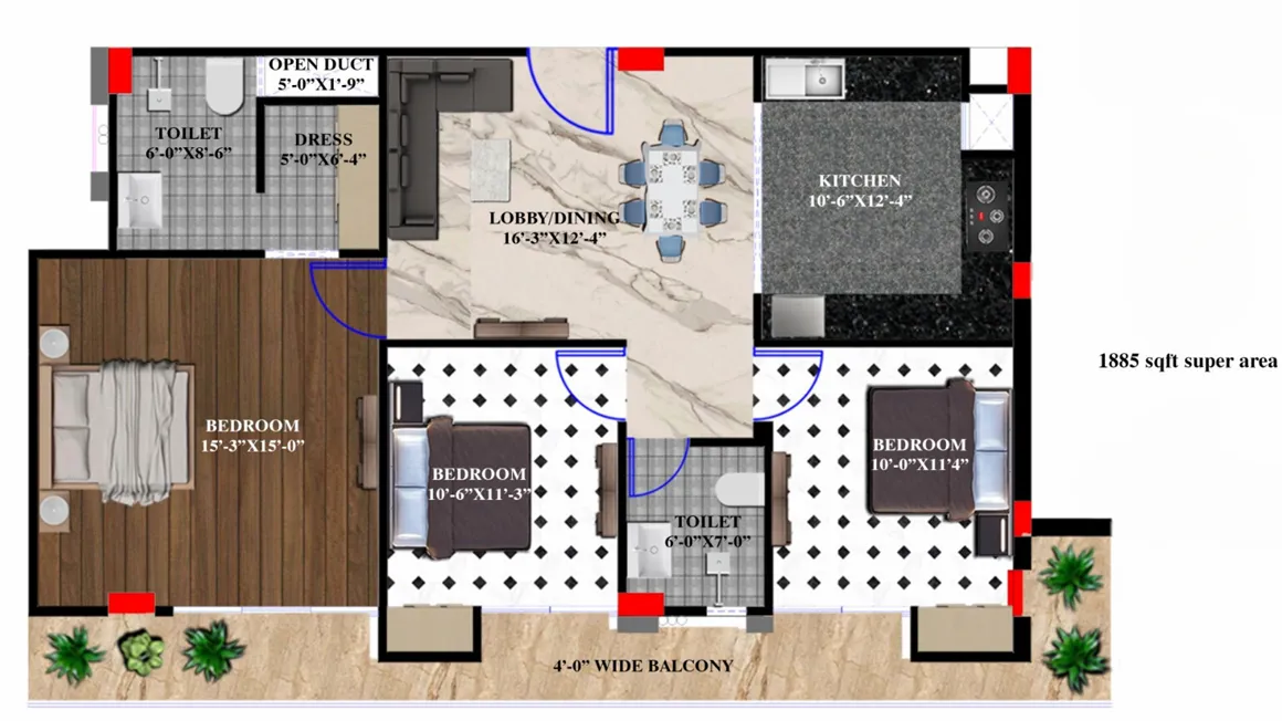 Ad Residency 3 BHK Apartment Floor Plan - 1885 SqFt with 2 toilets Ad Residency 3 BHK Apartment Floor Plan - 1885 SqFt with 2 toilets