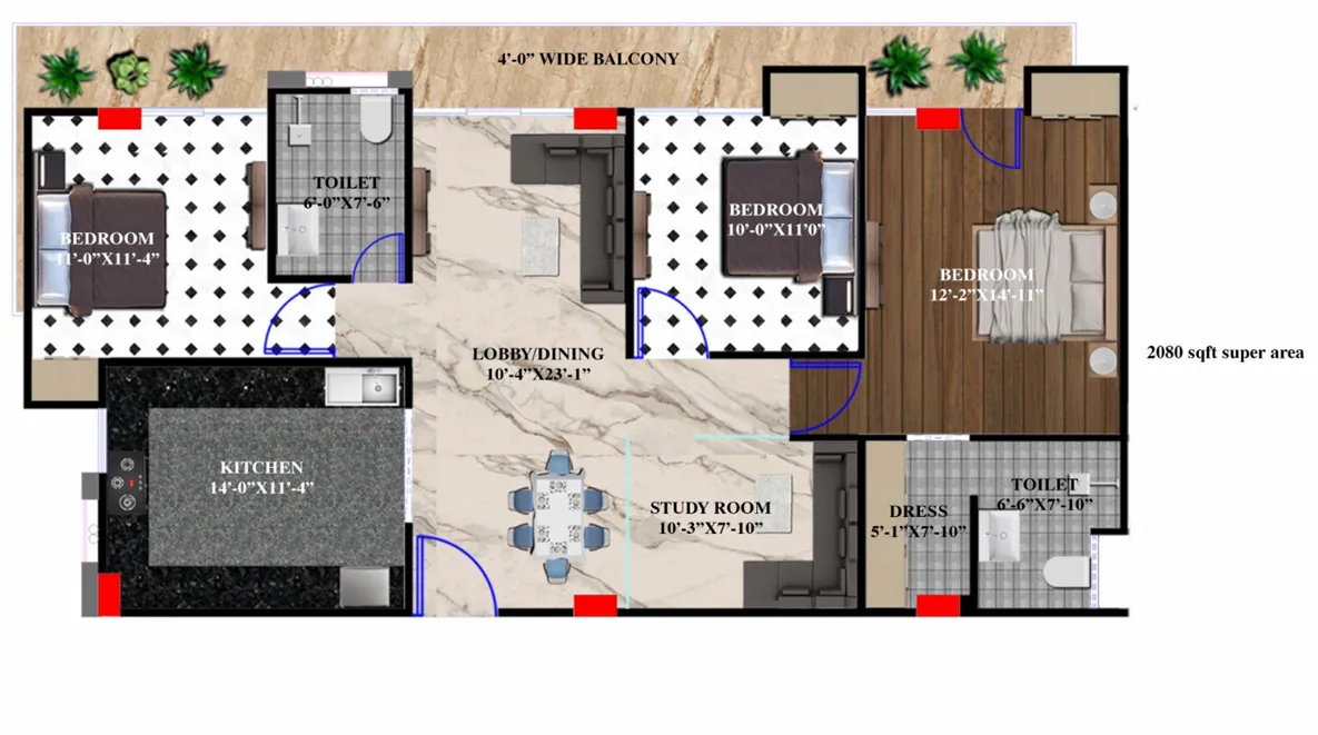 Ad Residency 3 BHK Apartment Floor Plan - 2080 Sq.Ft with a study room and 3 toilets Ad Residency 3 BHK Apartment Floor Plan - 2080 Sq.Ft with a study room and 3 toilets