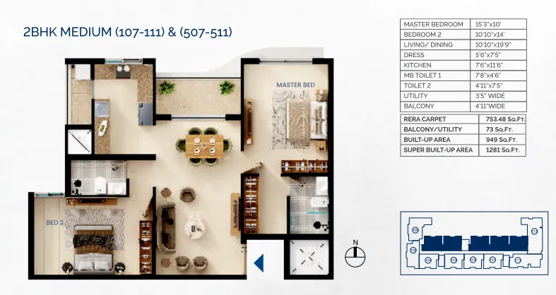 Dwaarika Heights 2 BHK Apartments Floor Plan - 1291 SqFt with 2 toilets Dwaarika Heights 2 BHK Apartments Floor Plan - 1291 SqFt with 2 toilets