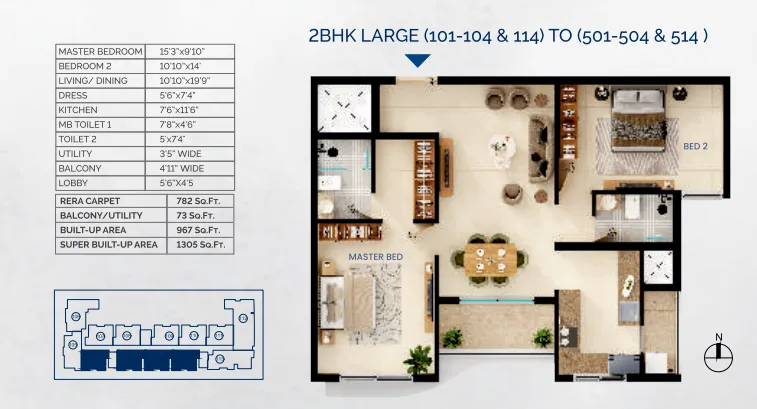 Dwaarika Heights 2 BHK Apartment Floor Plan - 1305 SqFt with 2 toilets Dwaarika Heights 2 BHK Apartment Floor Plan - 1305 SqFt with 2 toilets
