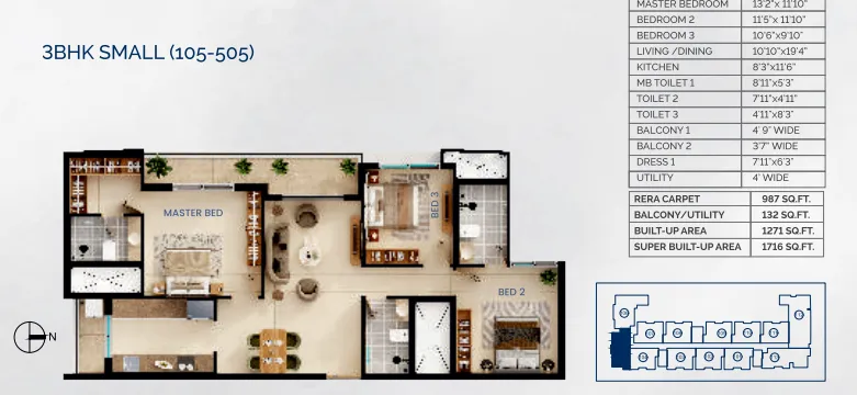 Dwaarika Heights 3 BHK Apartments Floor Plan - 1716 SqFt with 3 toilets Dwaarika Heights 3 BHK Apartments Floor Plan - 1716 SqFt with 3 toilets