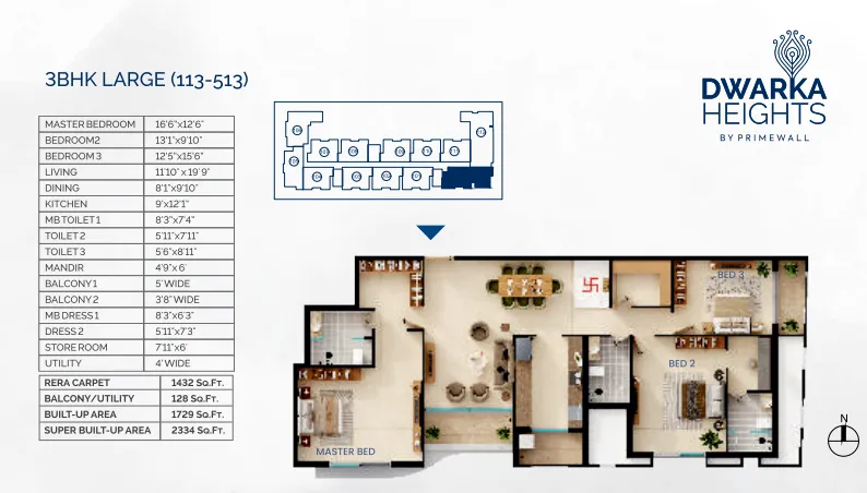 Dwaarika Heights 3 BHK Apartments Floor Plan - 2334 SqFt with 3 toilets Dwaarika Heights 3 BHK Apartments Floor Plan - 2334 SqFt with 3 toilets