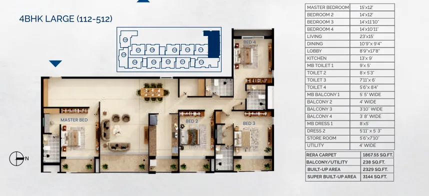 Dwaarika Heights 4 BHK Apartments Floor Plan - 3144 SqFt with 4 toilets Dwaarika Heights 4 BHK Apartments Floor Plan - 3144 SqFt with 4 toilets